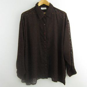 Vintage Prete Woman Plus 3X Brown Floral LS Blouse Shirt Silky Cottagecore